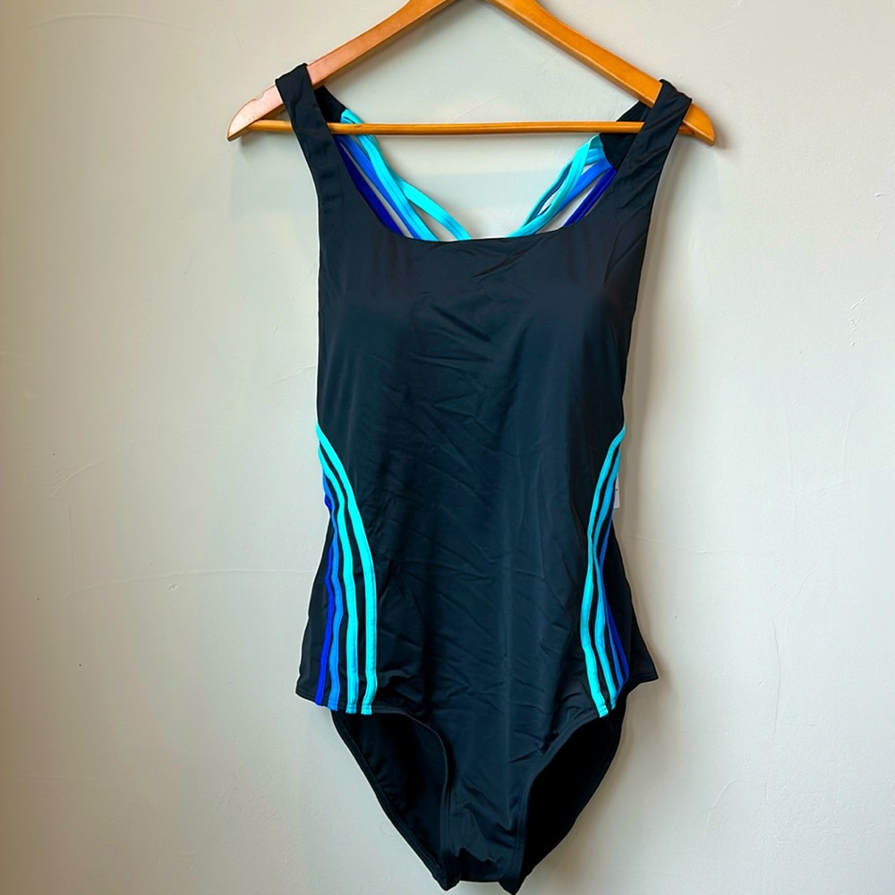 SWIN SUITS FOR ALL NWT black one piece swim suit with blue cross cross size 18